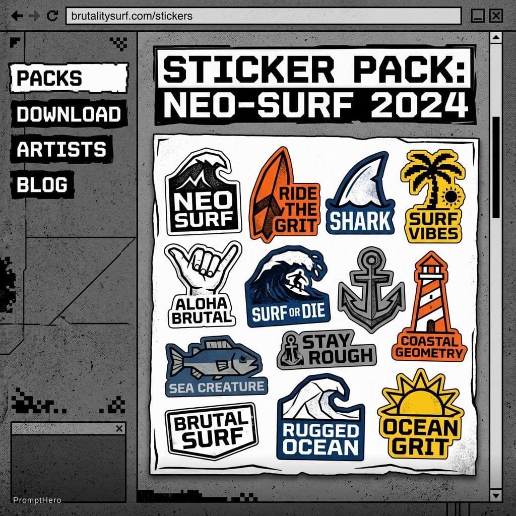 AI generated: Neo brutalist surf-themed sticker pack for in a neo-brutalist website