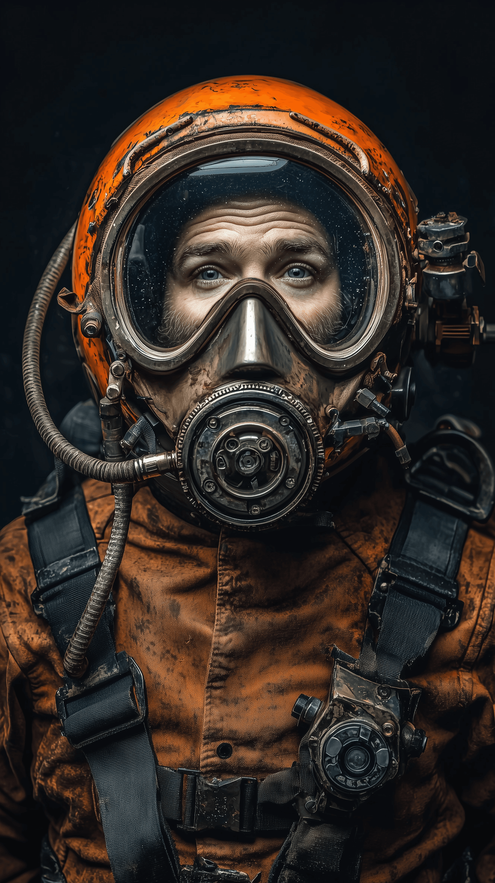 AI generated: portrait, front upper-body, deep-sea diver model, wearing an old-fashioned helmet teal with burnt or...