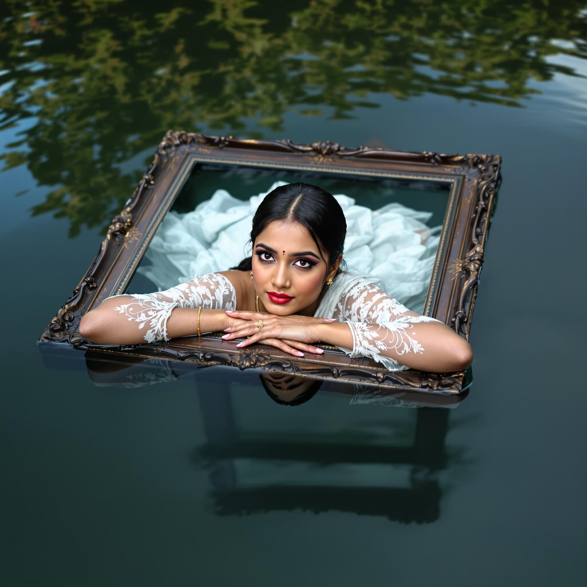 AI generated: A visually captivating photograph shows a Kerala woman submerged in water up to her shoulders, she i...