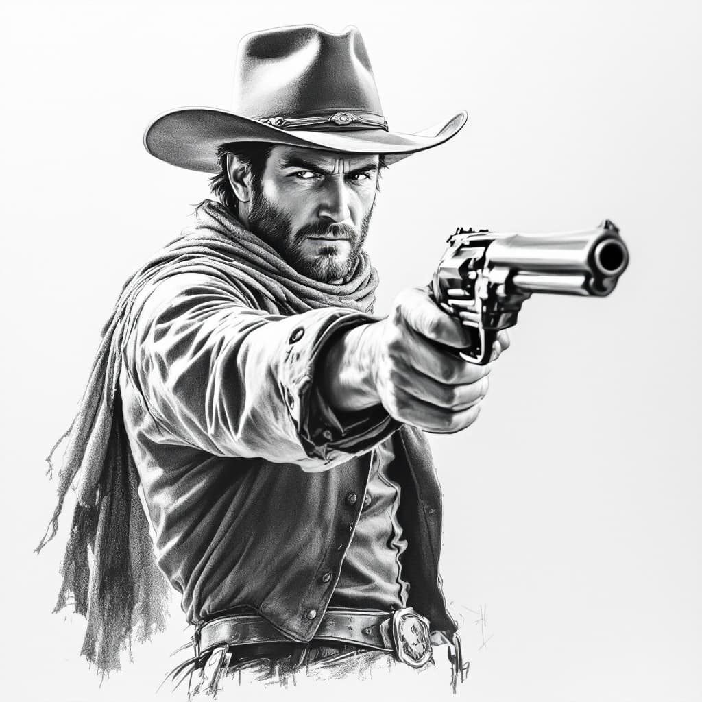 AI generated: western cowboy the style of a pencil sketch drawing, action pose with gun drawn and ready to shoot -...