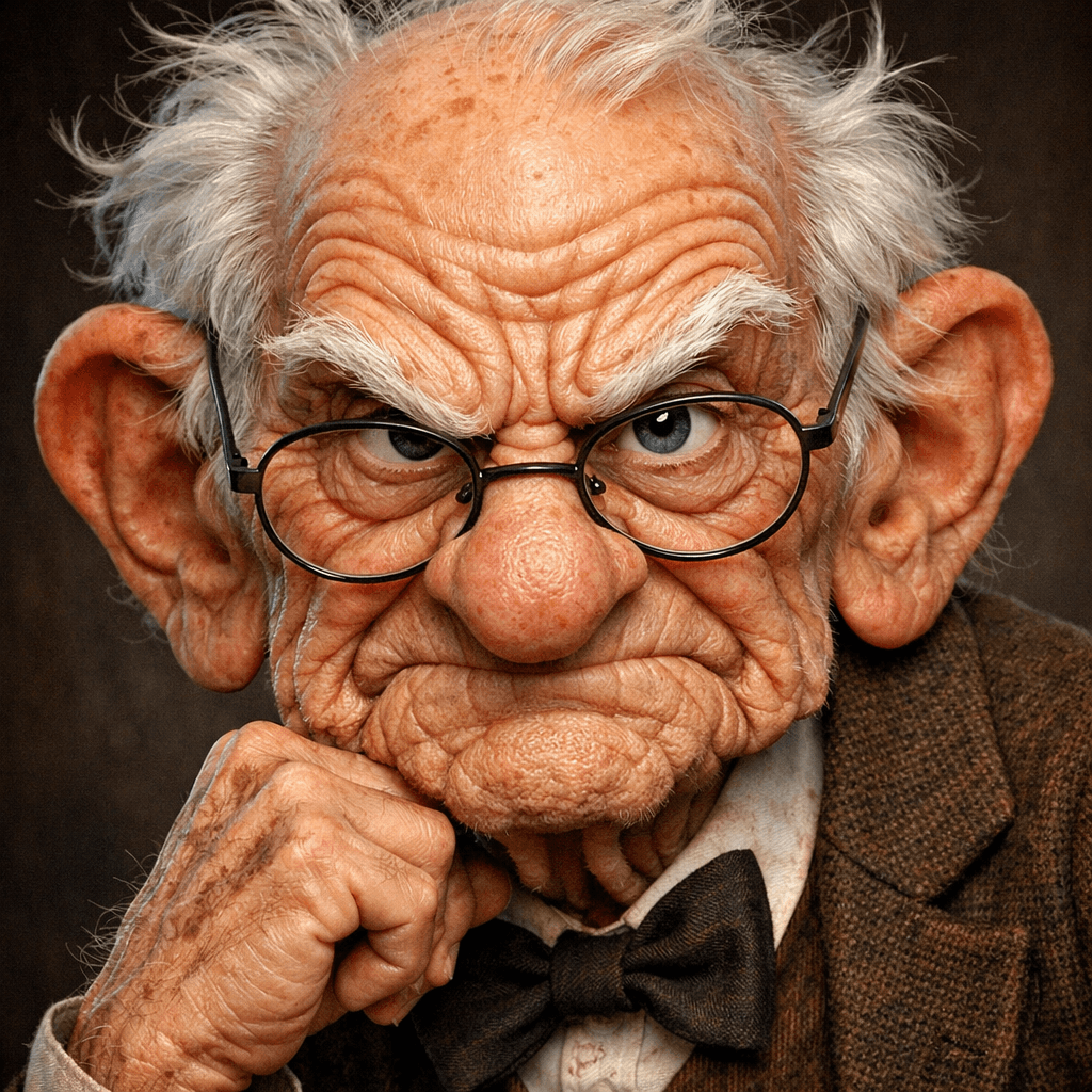AI generated: Expressive caricature in pixar style unreal charming seemingly mischievous irritated very old man wi...