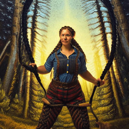 AI generated: portrait of a Lumberjack woman with huge beautiful braid, wearing tight-fitting outfit, intricate ac...