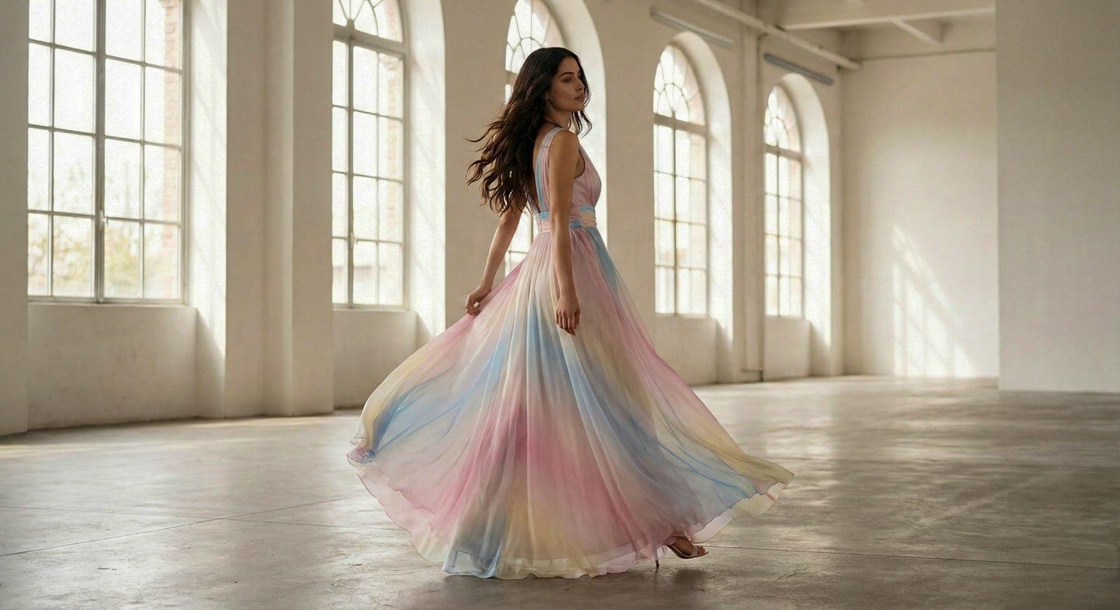 AI generated: Generate an editorial fashion image of a female model wearing a flowing silk dress with soft pastel ...