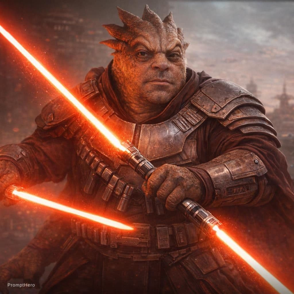 AI generated: skilled swordsman known for his prowess with a double-bladed lightsaber in star wars universe and be...