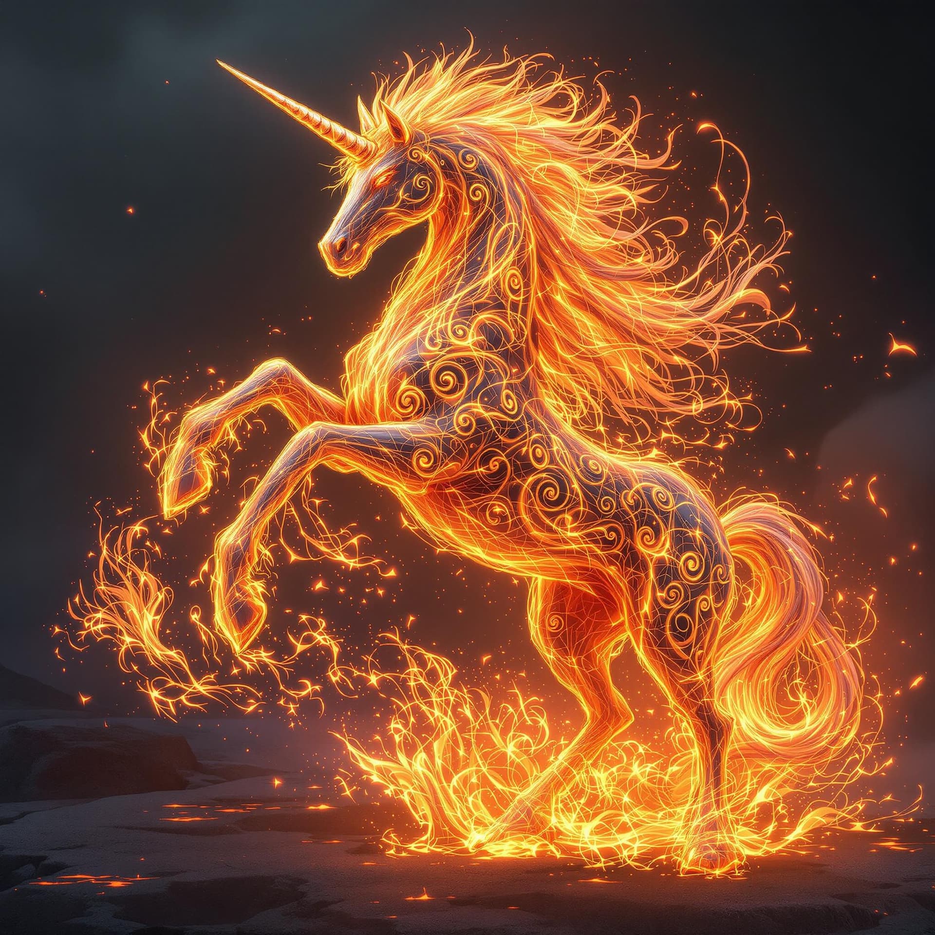 AI generated: A mesmerizing (Unicorn-Horse) crafted from swirling fire and lava, adorned with enchanted swirls, Th...