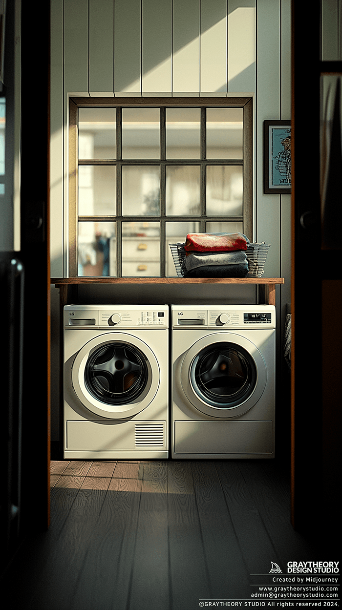 AI generated: photorealistic, front shot, minimalist laundry room, minimalistic with LG washer and dryer equipment