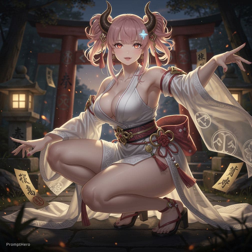 AI generated: a portrait of a priestess with pink hair and a white dress,oni horns,large breasts,squatting,onmyoji...