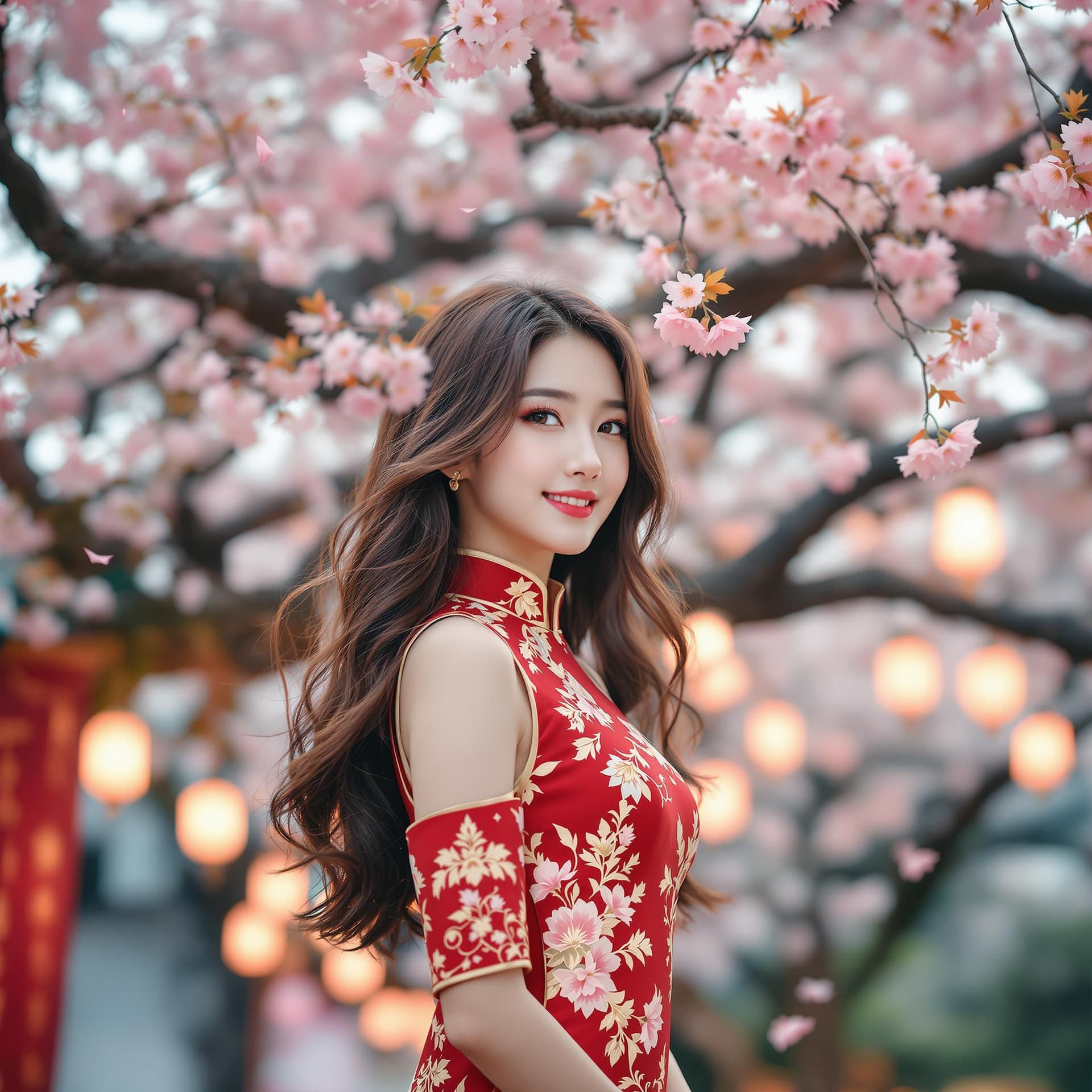 AI generated: Full body, Beneath a sprawling cherry blossom tree in full bloom, the Korean woman "Jang Wonyoung fr...