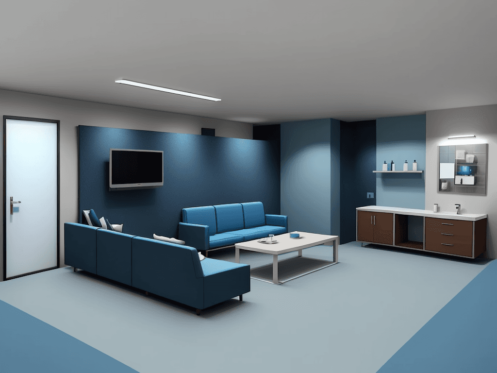 AI generated: medium rest room, in a blue tone, with sofa, bench with coffee, simple corporate environment, televi...