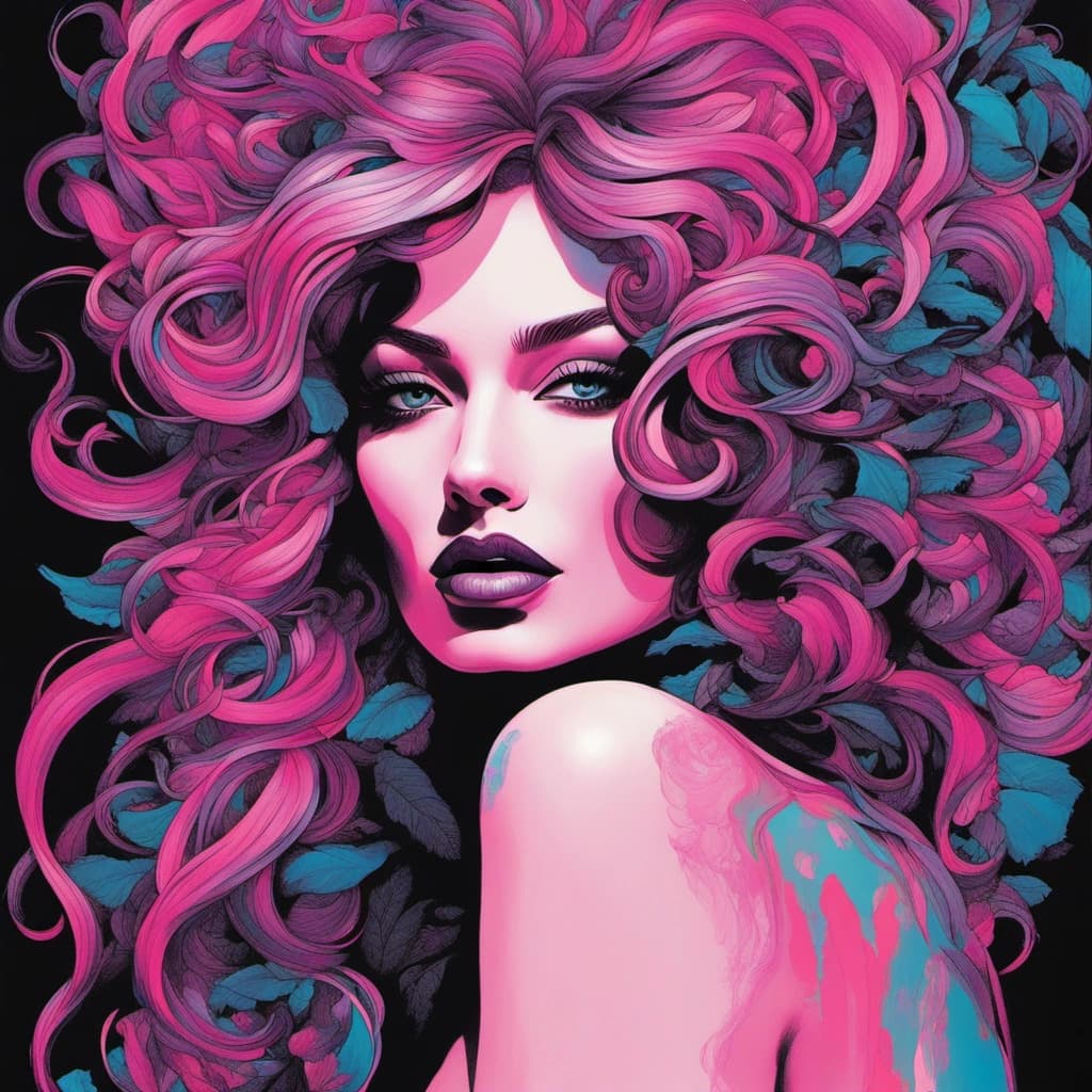 AI generated: In a burst of vibrant hues and bold strokes, behold a fairy with cascading curls and waves, her visa...