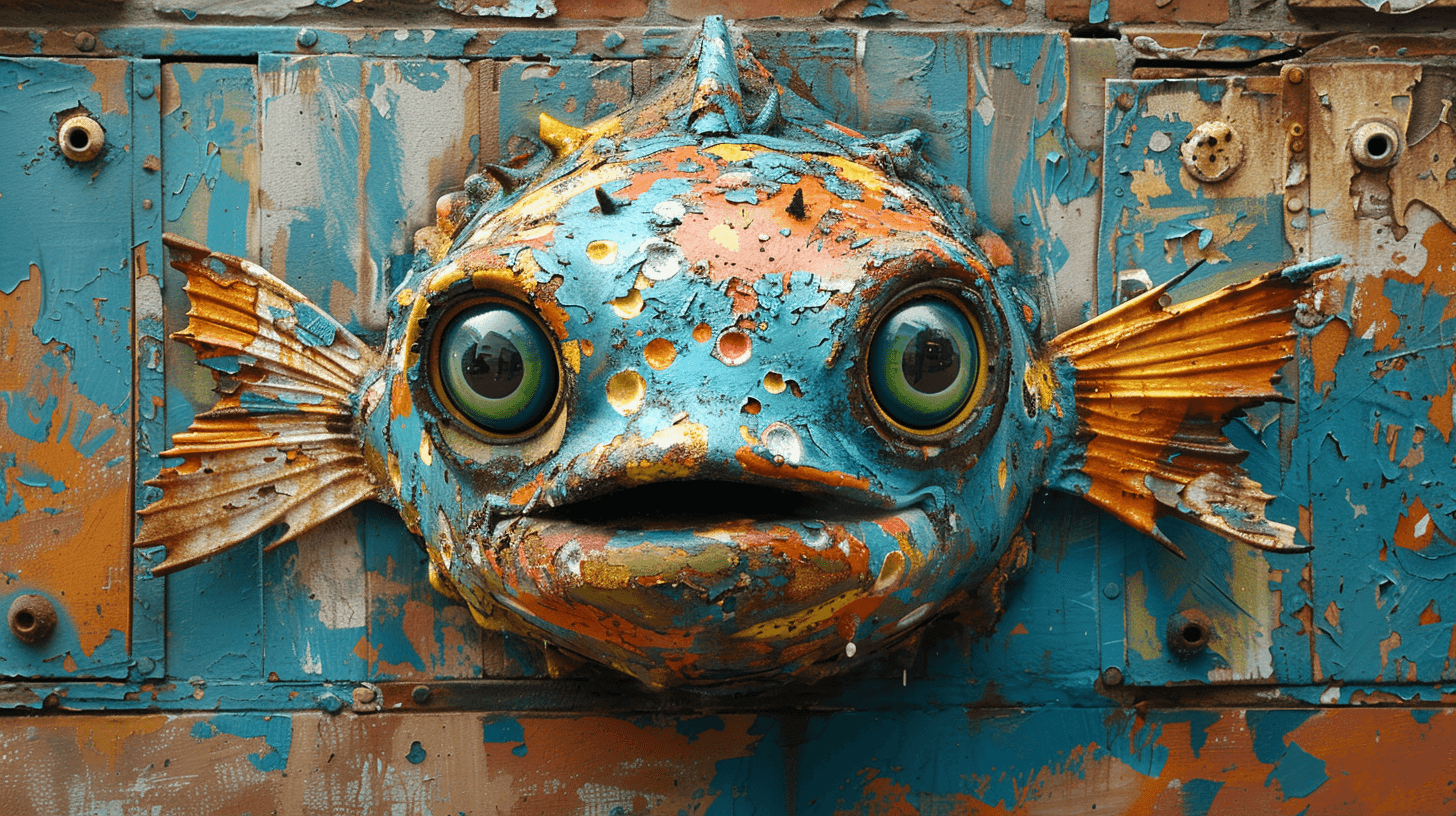 AI generated: urban cartoon graffiti of a blue puffer fish with green eyes, in the style of Banksy, seen on a wall...