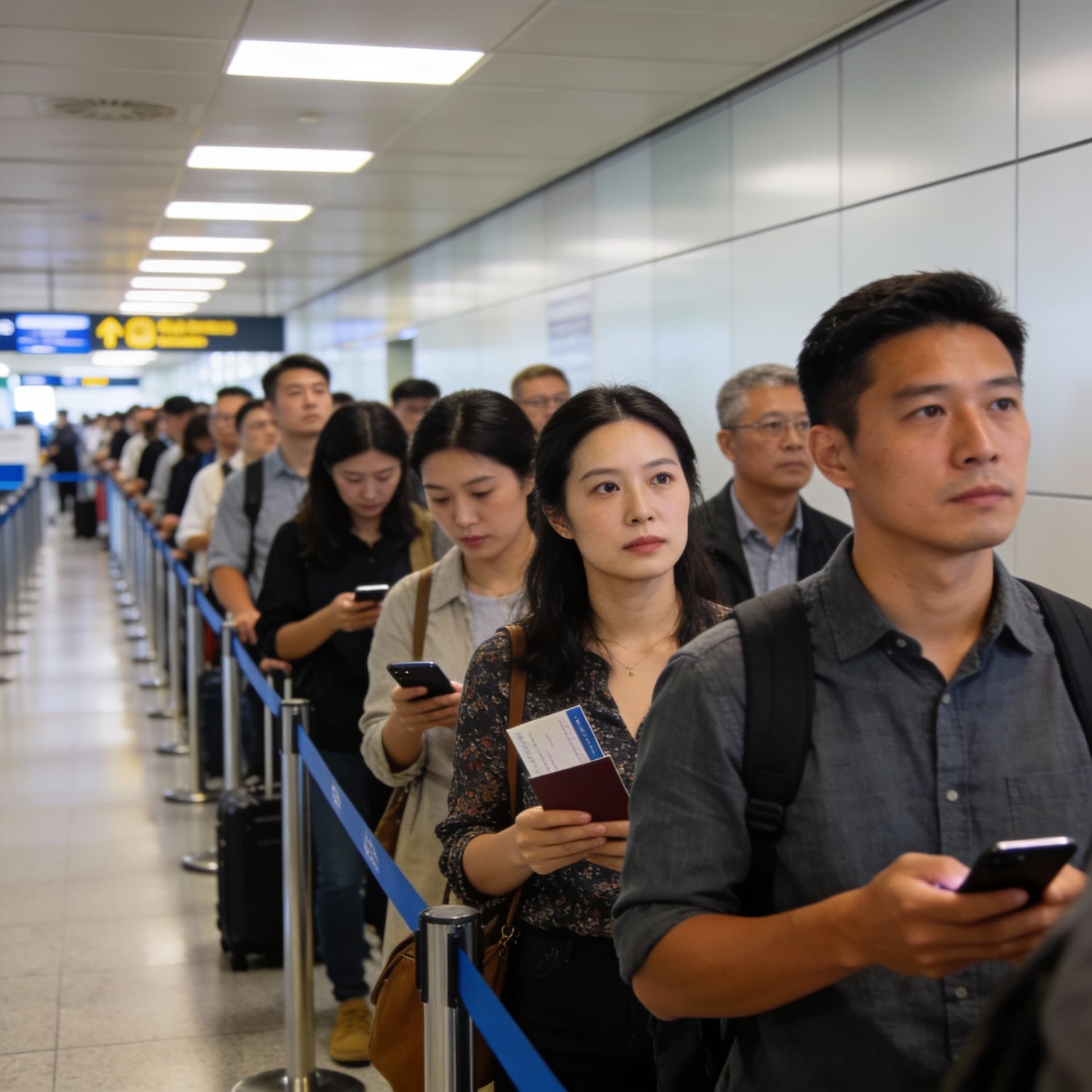 AI generated: A 4K, UHD image of a long customs line at the airport.  The people waiting in line have fresh straig...