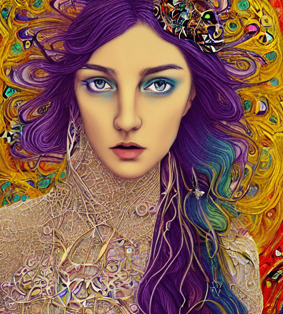 AI generated: coloured pencil drawing, high resolution 8k, Pollock master painter, Byzantine artwork, 
young lady ...