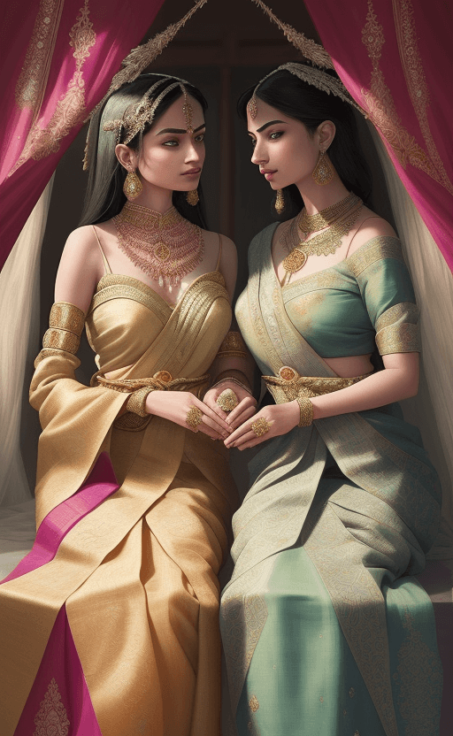 AI generated: Intricately adorned with vibrant saris, the main characters of "The Jasmine Throne" come to life in ...