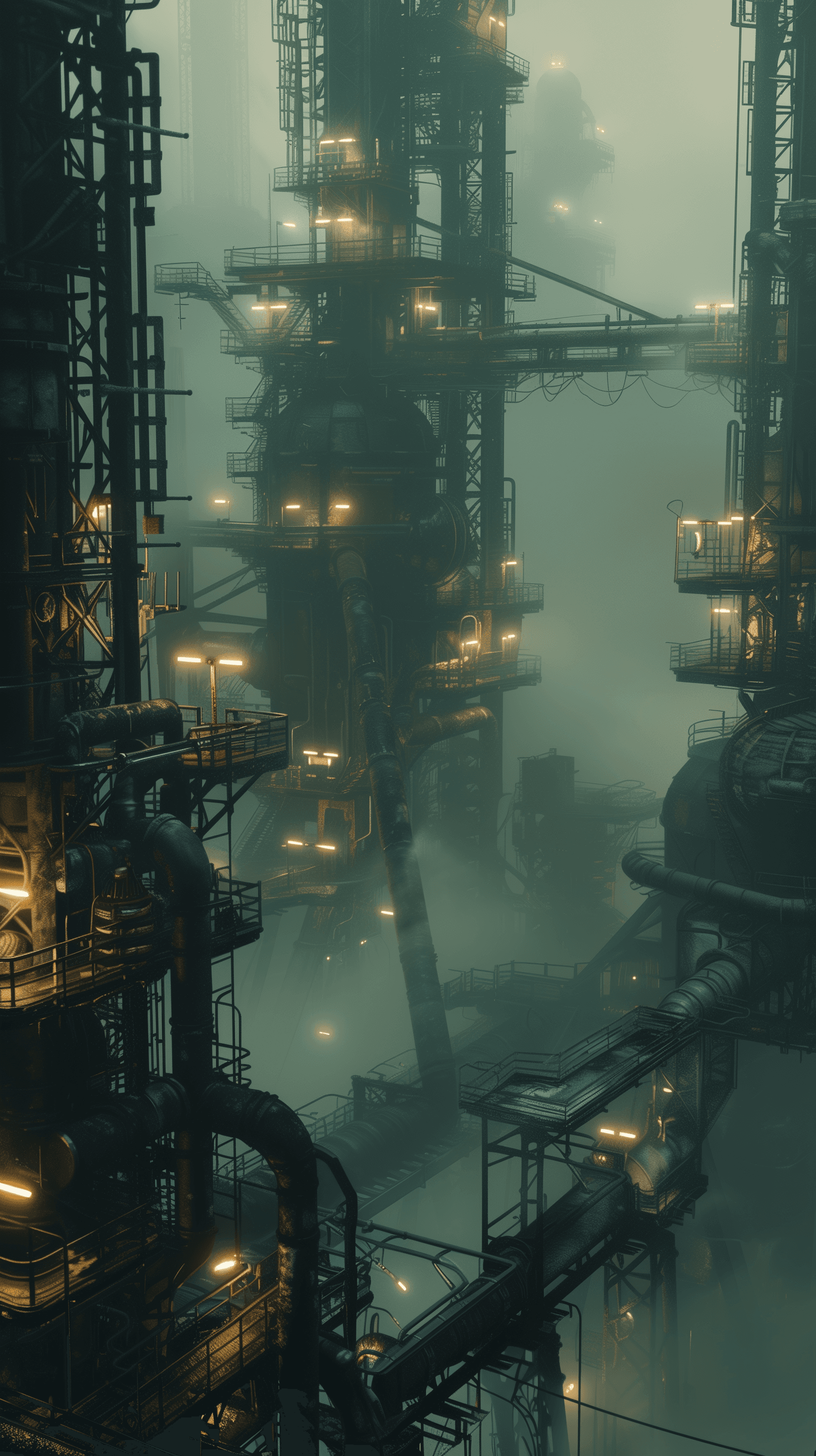 AI generated: image of a sci-fi industrial setting enveloped in thick fog, scene should depict towering structures...