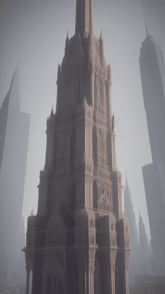 AI generated: "Craft a captivating 3D architectural masterpiece, focusing on a single towering structure that domi...