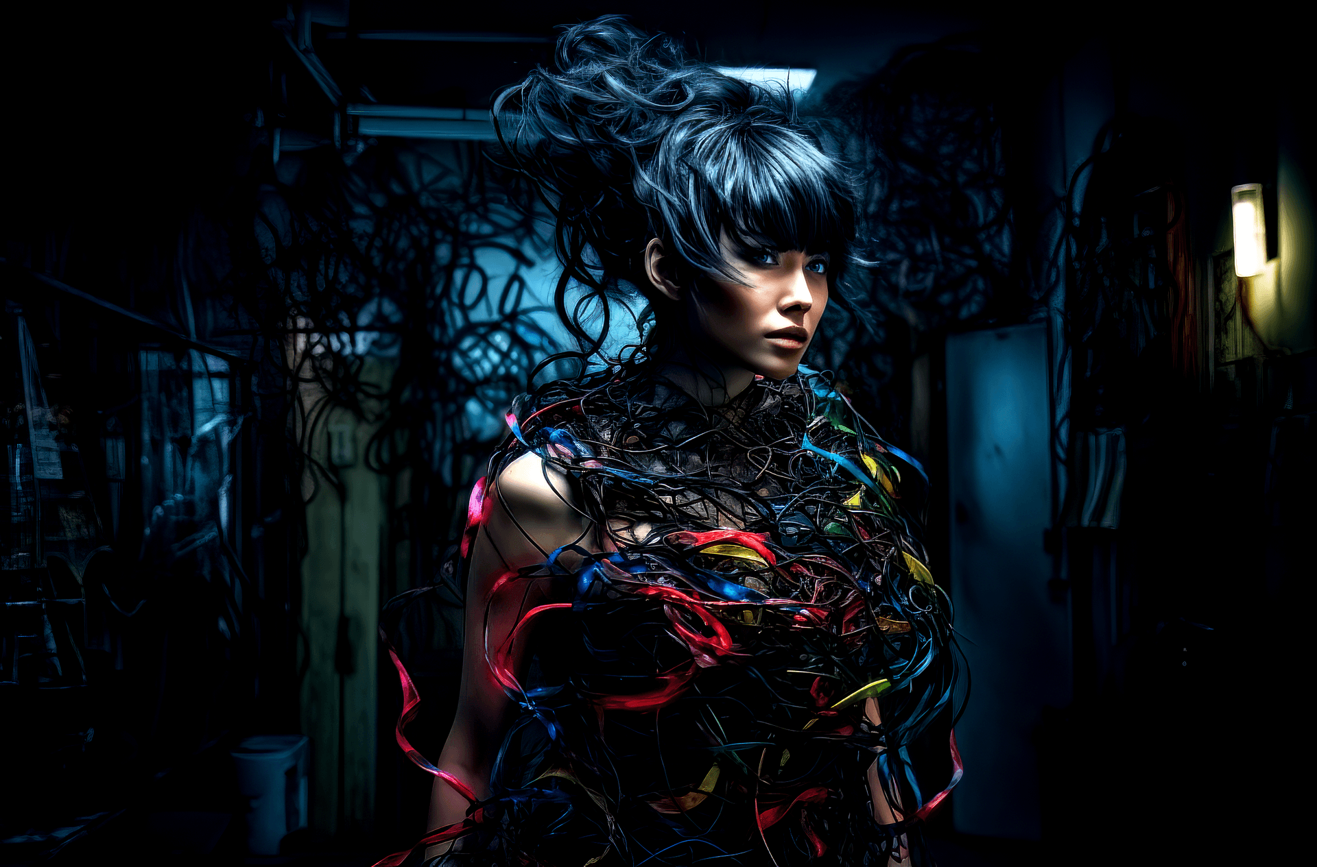 AI generated: someone is walking along with black hair, in the style of futuristic chromatic waves, made of trash,...