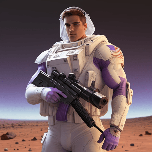 AI generated: big masculine white and purple realistic  hero  with on mars with gun