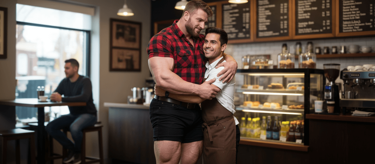 AI generated:  At a coffee shop with 1 customer in the background. There's a bodybuilder 6'4" tall, he has muscula...