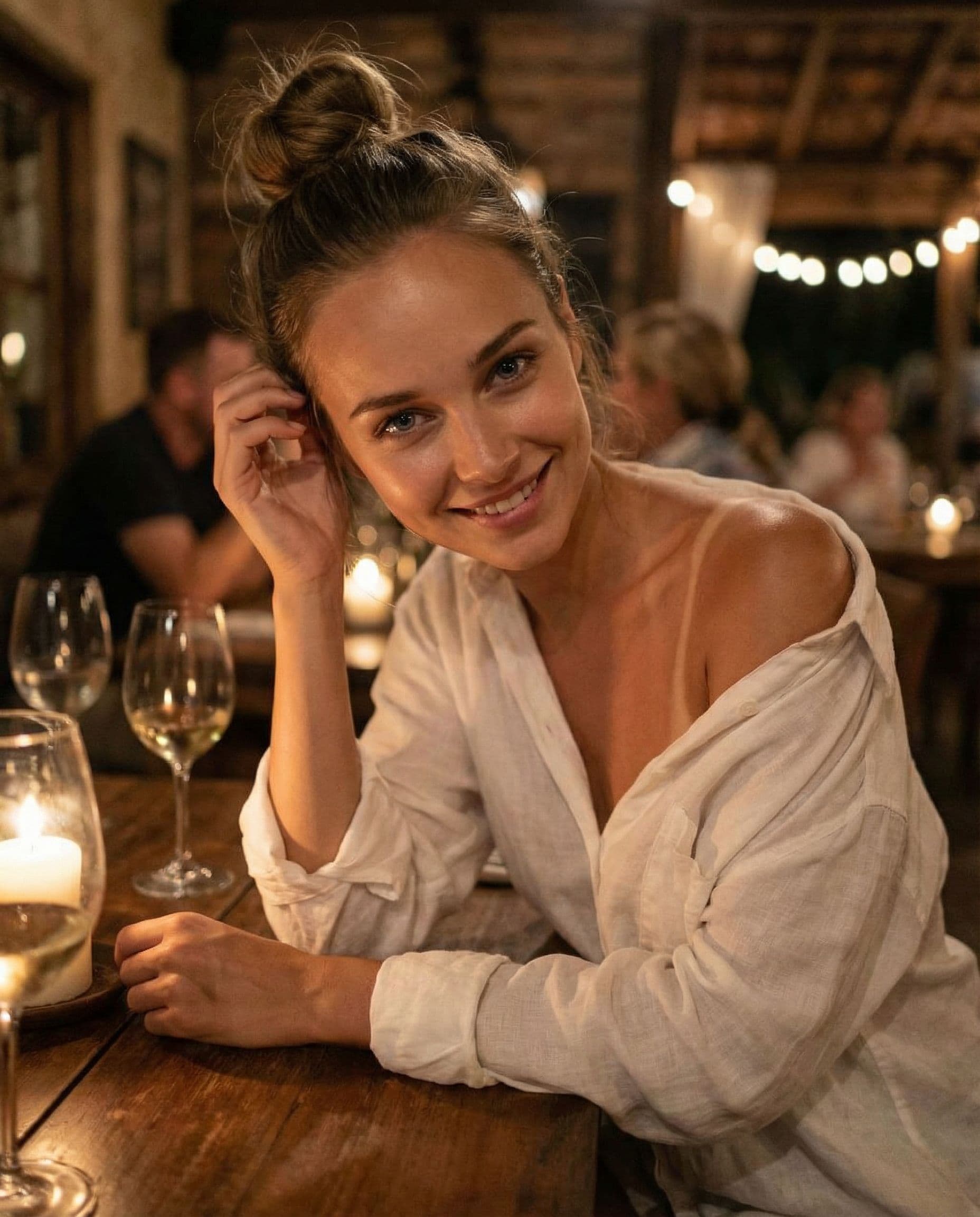 AI generated: Date night with a beautiful instagram influencer. She has grey eyes, dark blond hair, very natural m...