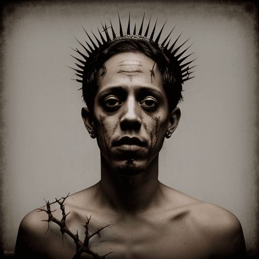 AI generated: Canserbero the venezuelan rapper , rotten by the death, like a zombie . with a Crown of thorns
