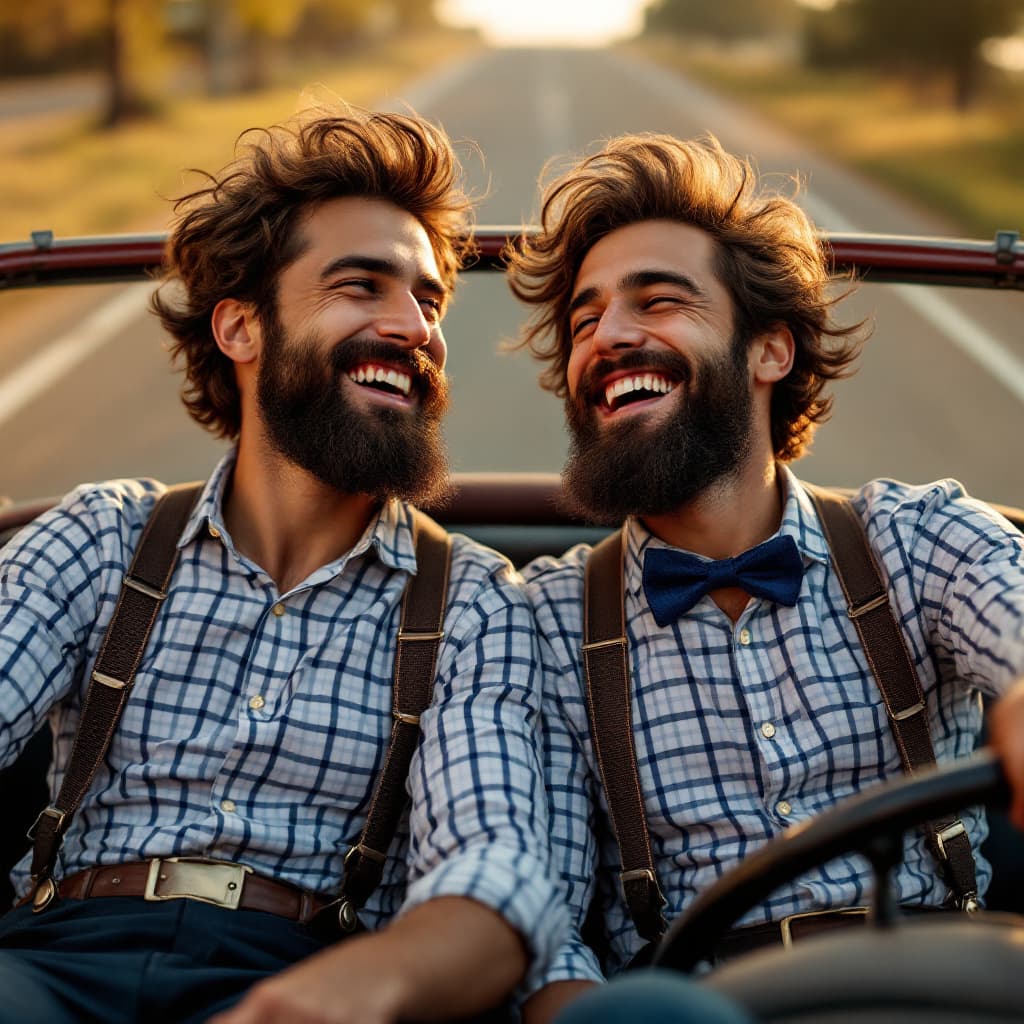 AI generated: Cinematic shot of identical Indian twin brothers in a vintage convertible car, matching blue and whi...
