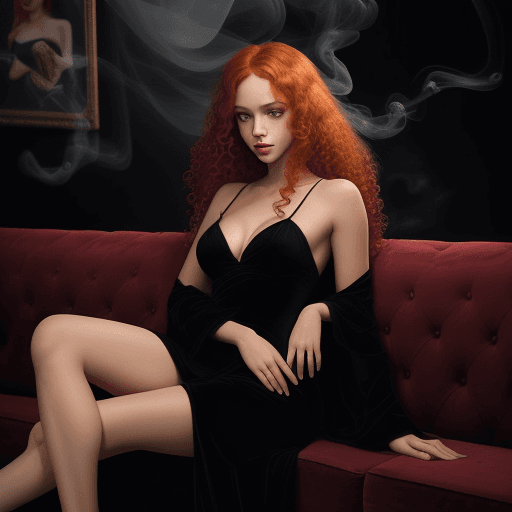 AI generated: full body photo, capturing a female figure lounging on a dark color couch, front view, extremely att...