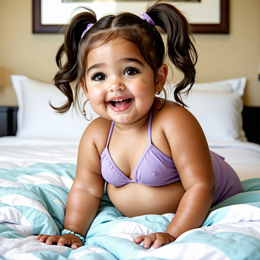 AI generated: Cute, girl, chubby, Latina, pigtails, full-body view, bikini, young, in bed, on top of dad, having f...