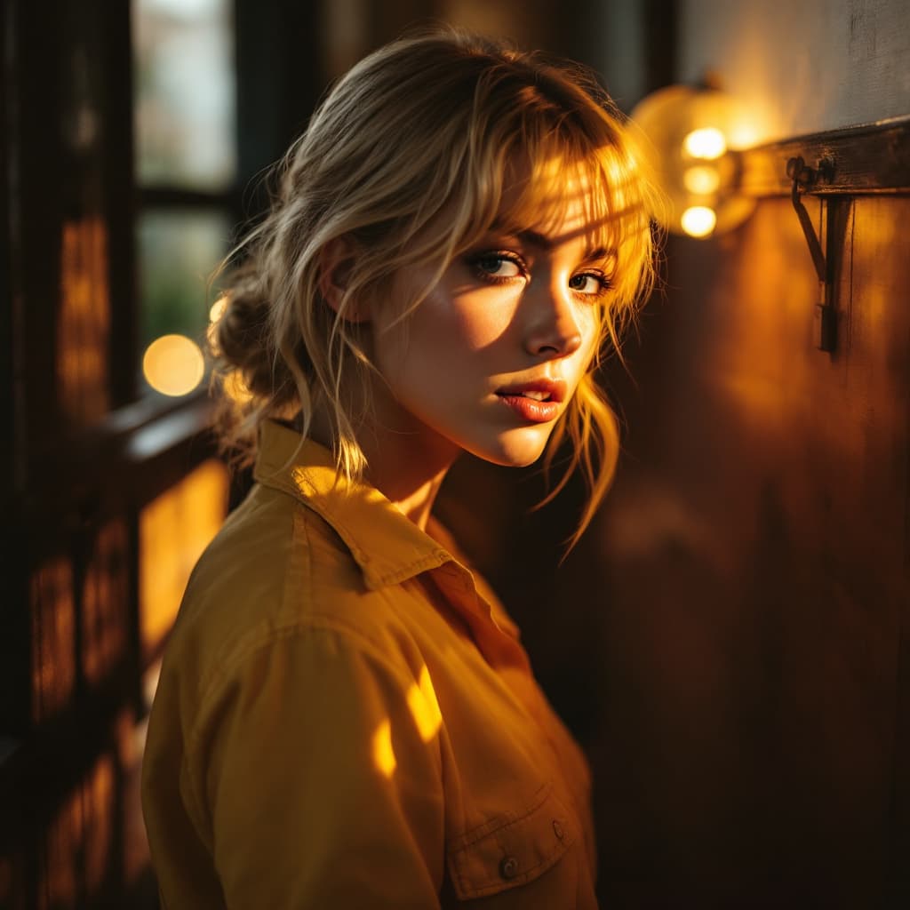AI generated: blond girl in a yellow shirt is posing, soft, atmospheric lighting --chaos 33 --ar 1:2 --profile yru...