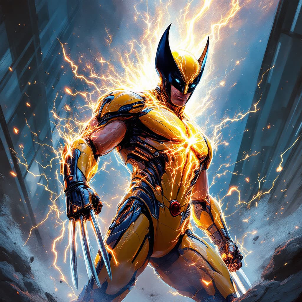 AI generated: In the illustration, Wolverine stands in the midst of a fierce battle, his body half human, half cyb...