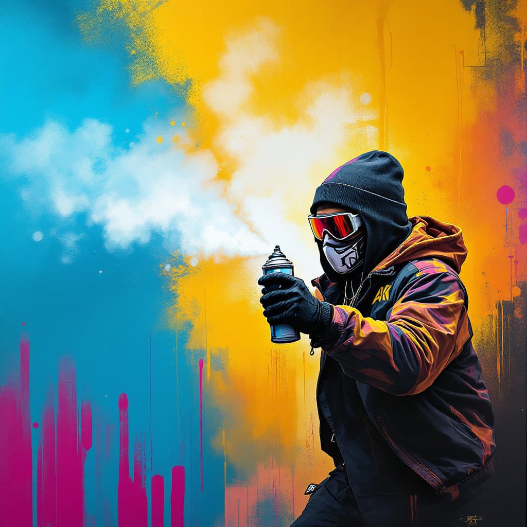 AI generated: Hip Hop Aerosol Art, Spray Paint, Dynamische Formen, Urban, Portrait eines Hip-Hop-Künstlers in Akti...
