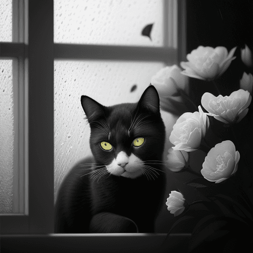 AI generated: monochromatic, rainstorm, hyper-realism, black and white, cat, a feeling of sadness, through a windo...