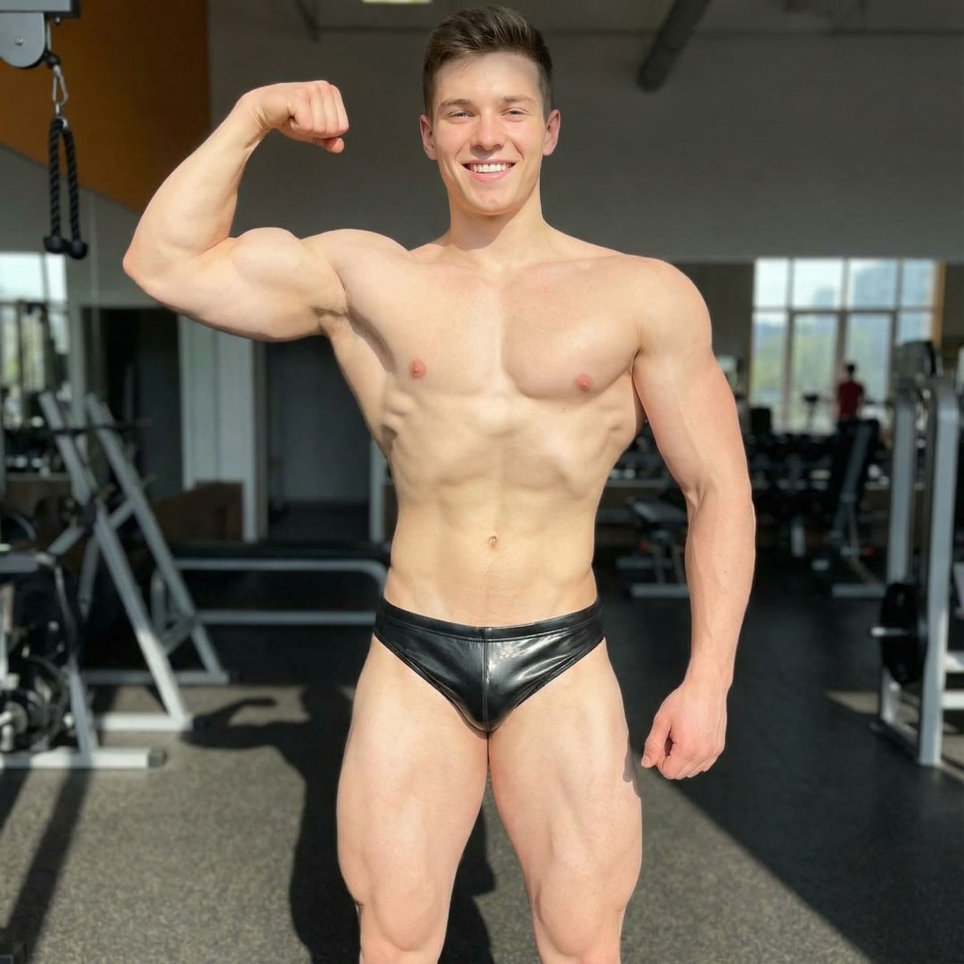 AI generated: muscular twink smiling while flexing huge muscles. black latex speedo, slim waiss, large thighs. 18y...