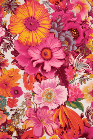AI generated: A vibrant and lively multi-coloured floral design, on a pink background, Knitted art, by Neal Adams,...