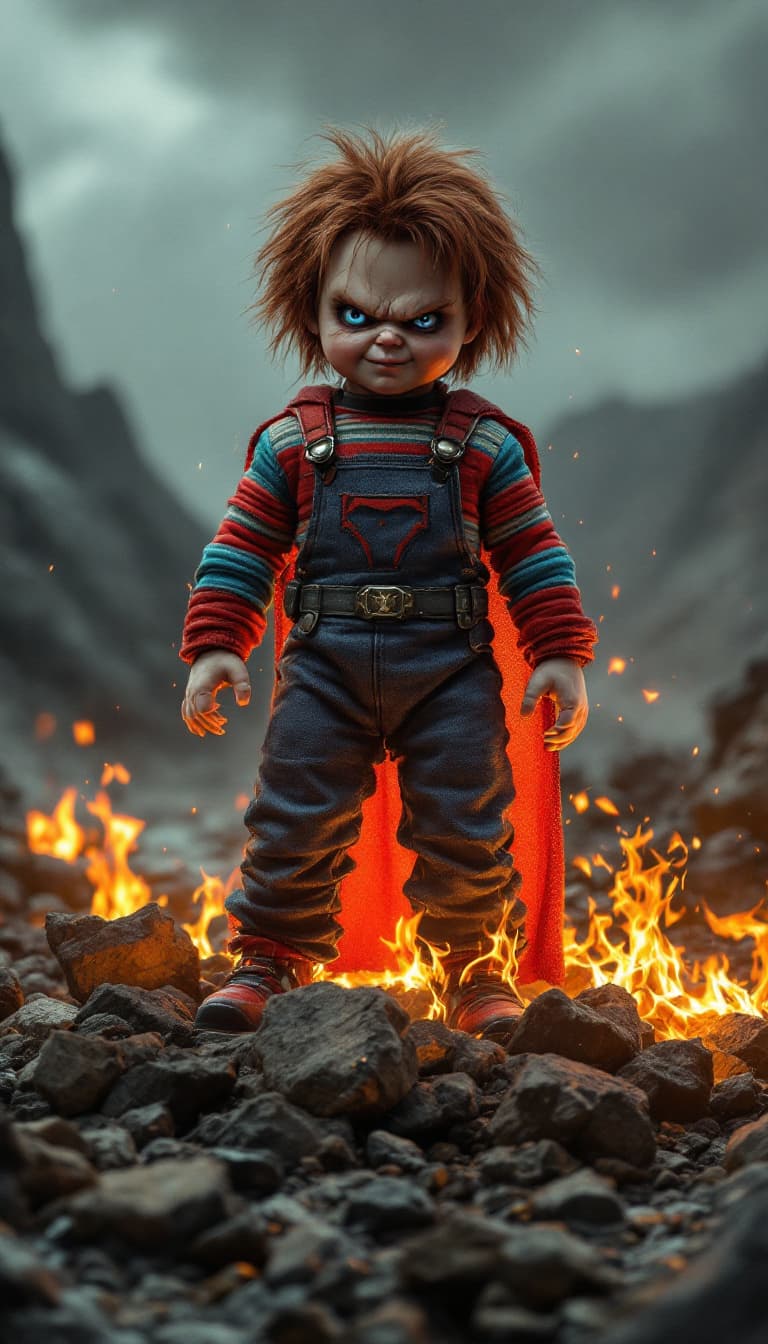 AI generated: Envision a fully body portrait of  chucky doll    as   super hero rising from the ashes, standing on...