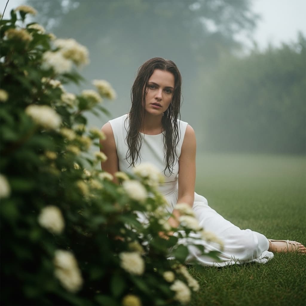 AI generated: A woman in a white sleeveless dress sitting on the ground in a misty, green, outdoor setting. Her we...
