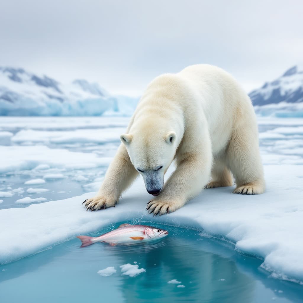 AI generated: "A polar bear struggling on a thin ice sheet, reaching into icy waters to catch a fish, with distant...