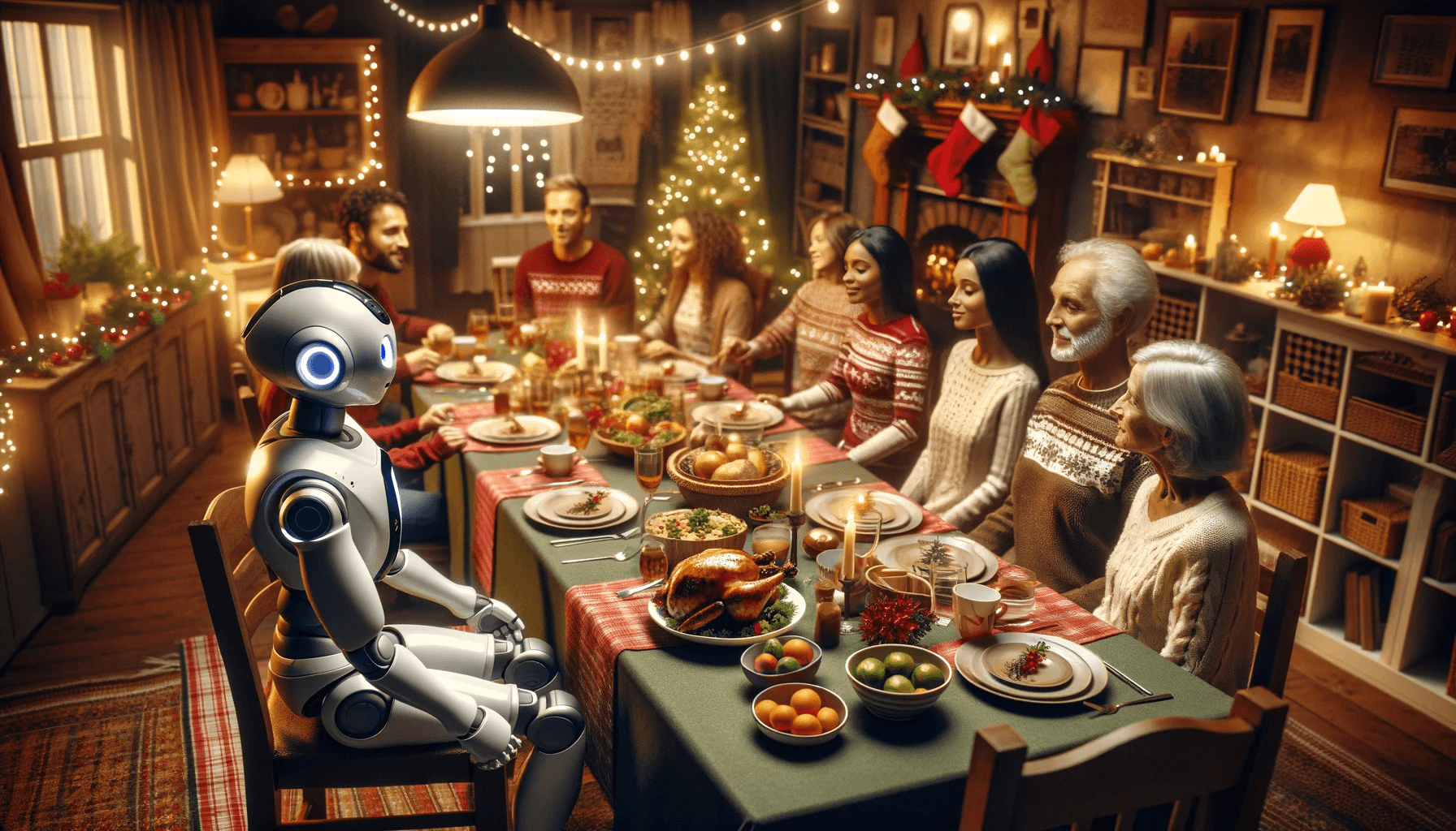 AI generated: A cozy, festive Christmas dinner scene in a warmly lit dining room. The table is beautifully set wit...