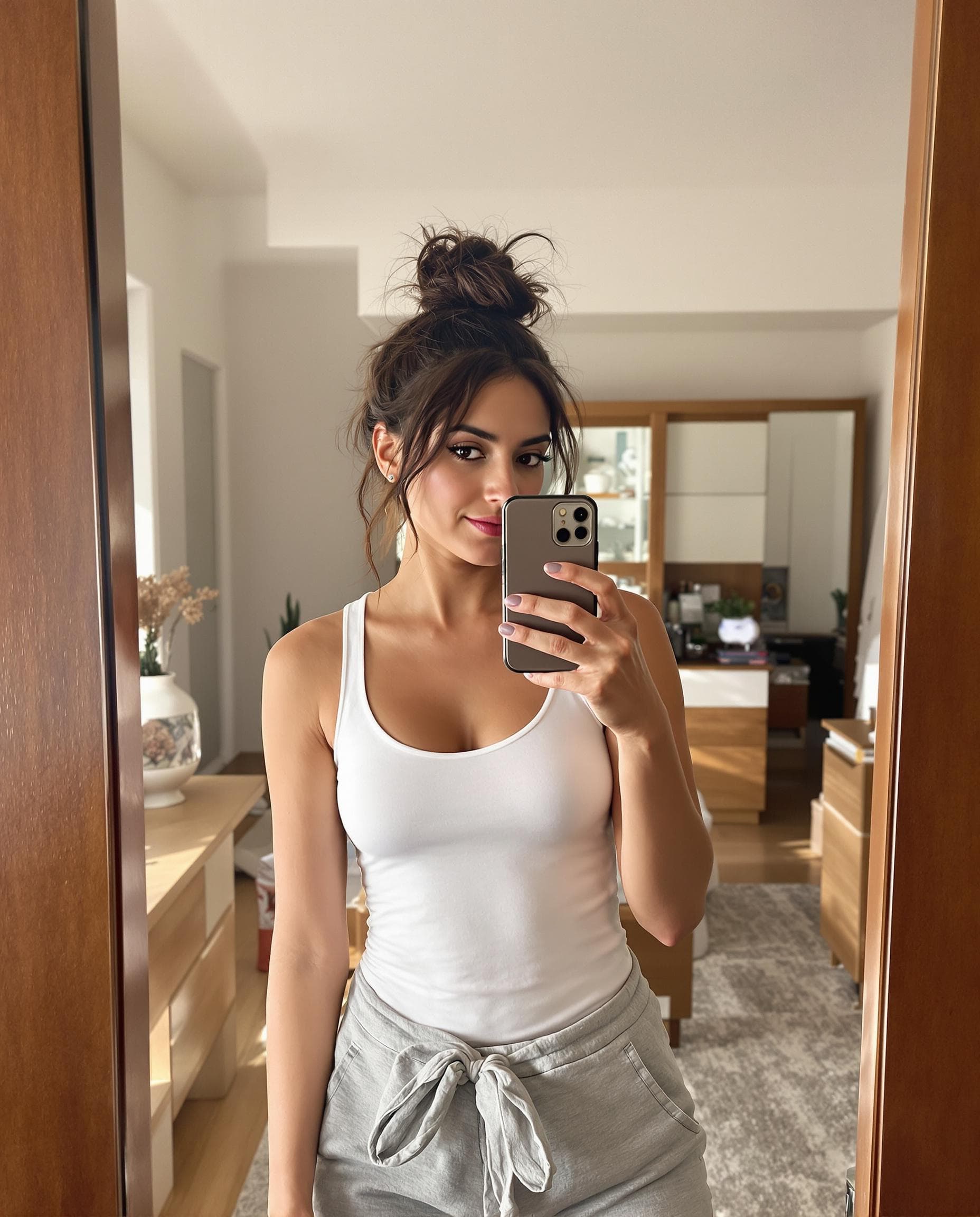AI generated: A hyper-realistic mirror selfie of a brunette woman with deep brown eyes and wavy dark brown hair, l...