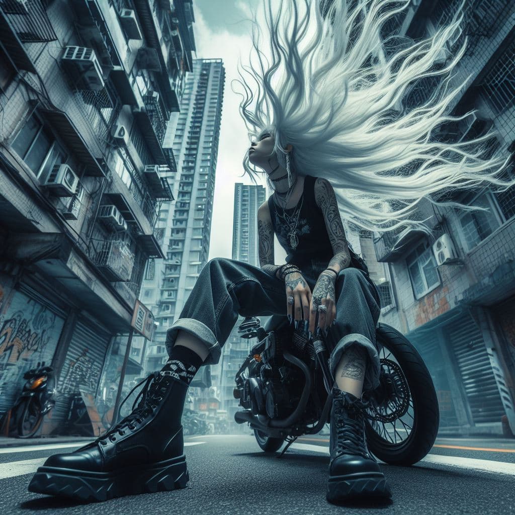 AI generated:  style pictural, urbanpunk, prise de vue en contre-plongée, déesse Poseidon, longs cheveux blancs vo...