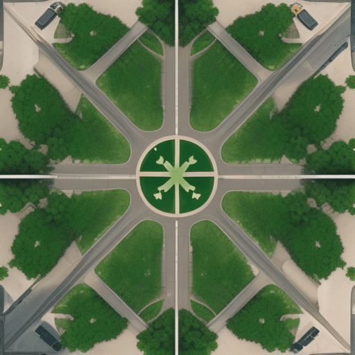 AI generated: Realistic aerial photo of a complicated clover leaf road intersection