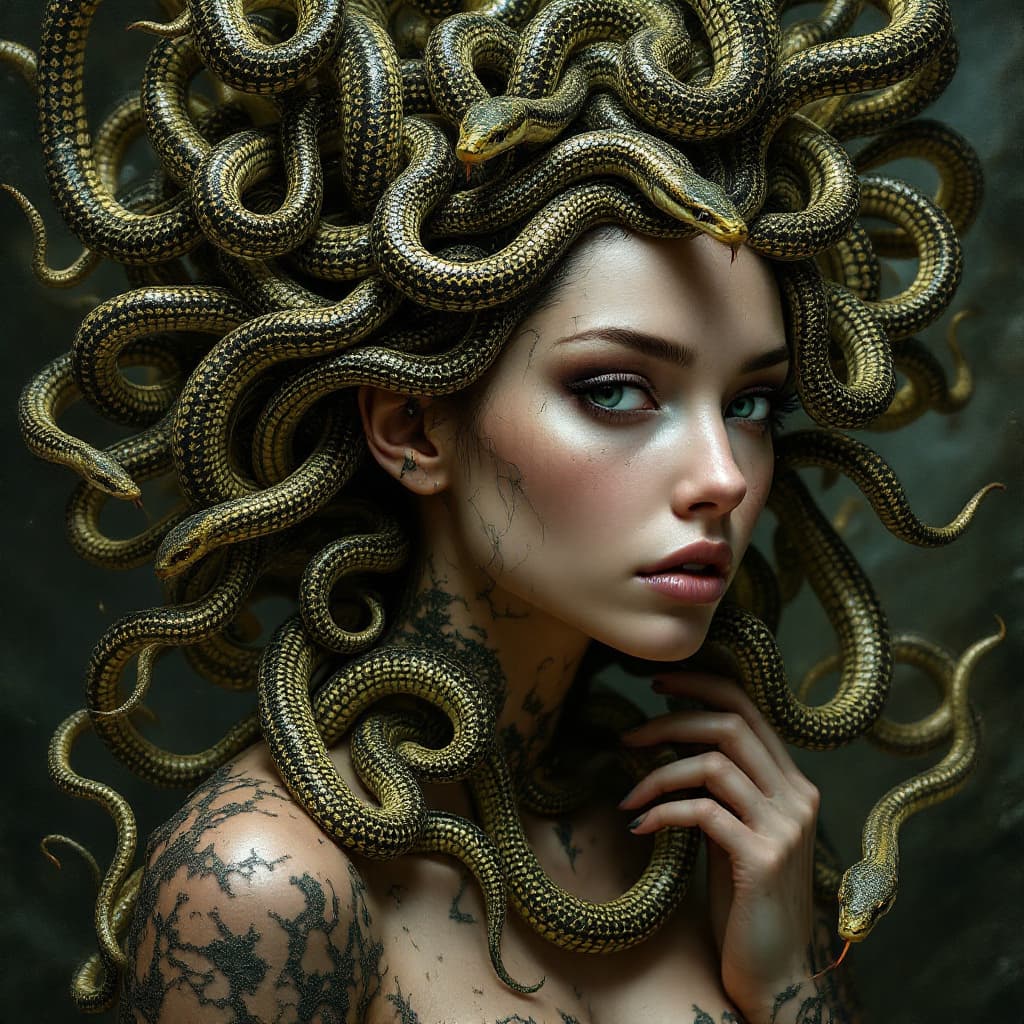 AI generated: A photorealistic portrait of an stunningly beautiful medusa woman, instead of hair she has hundreds ...