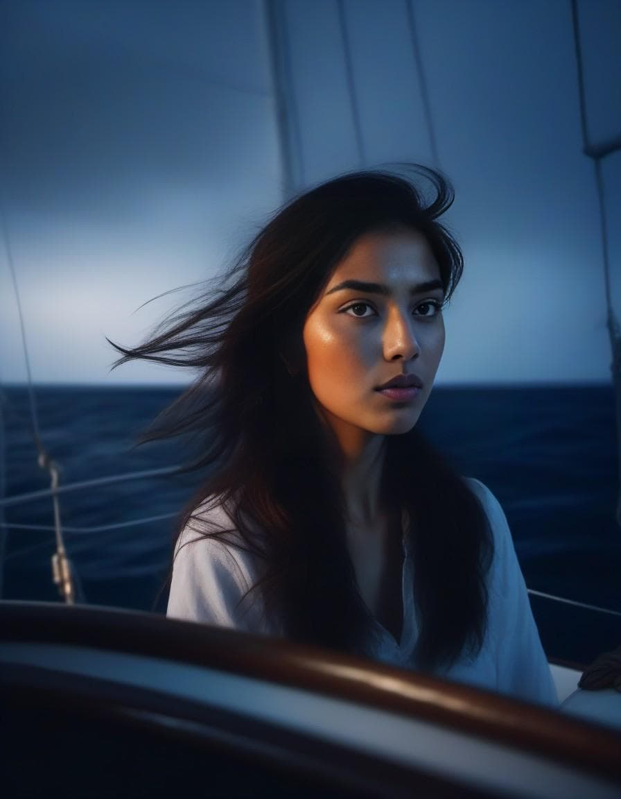 AI generated: a realistic night foto from a sailboat in navigation calm sea to eolia islands with sea spray, spuma...