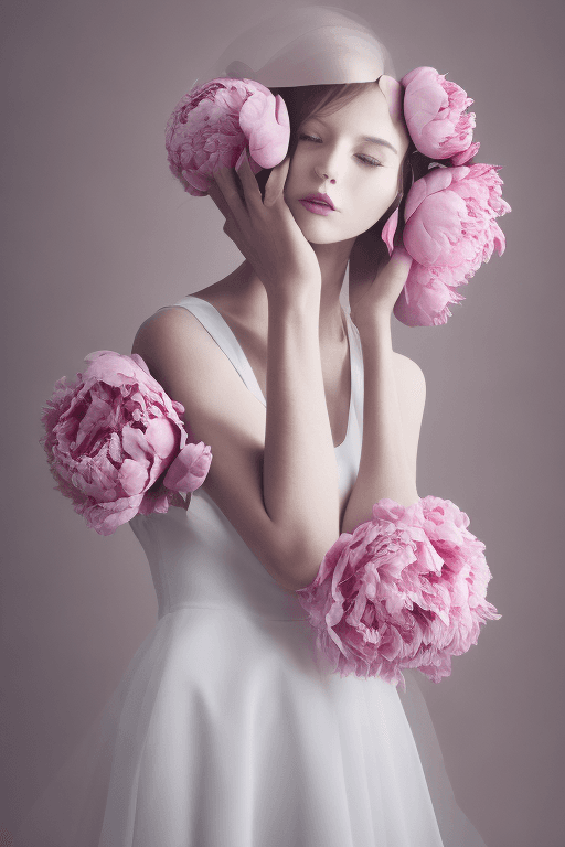 AI generated: photography of a woman in a dress, head completely covered with pink peonies, White minimalist room ...