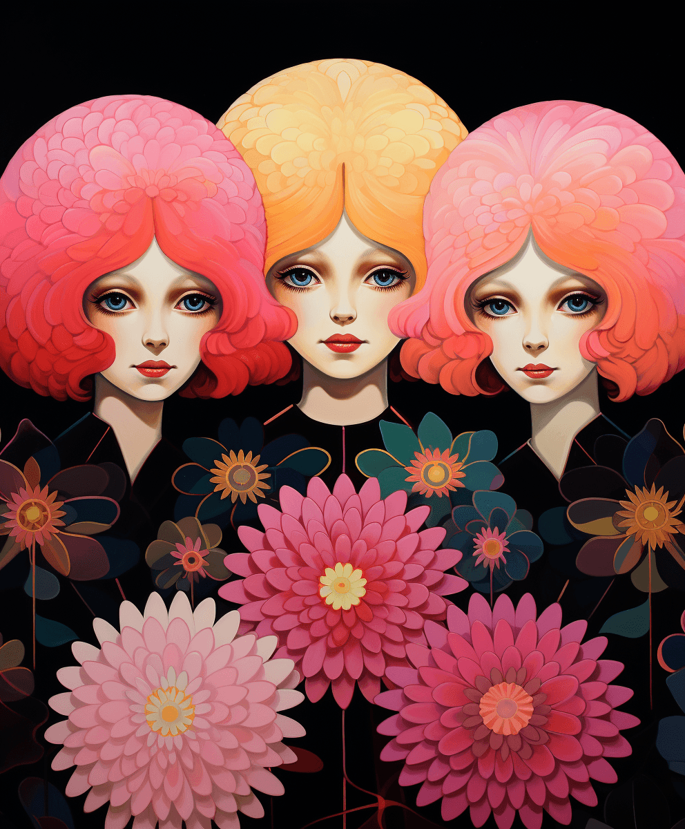 AI generated: 70s era greeting card art, pink chrysanthemum flowers in the center of each head, rainbow, three hea...