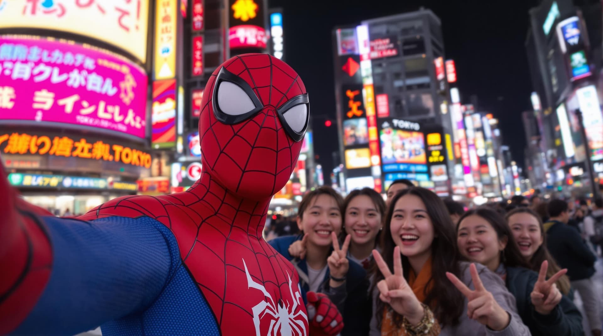 AI generated: Spiderman in His iconic suit, casually taking a selfie with a group of excited Japanese citizens in ...