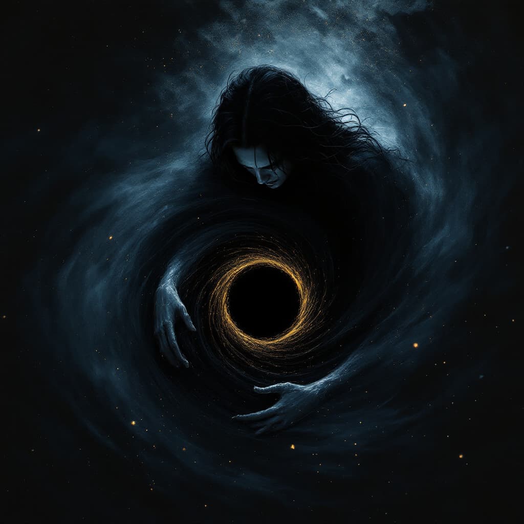 AI generated: A terrified, slim-faced young long black-haired man stares downward at a void in the center of her s...