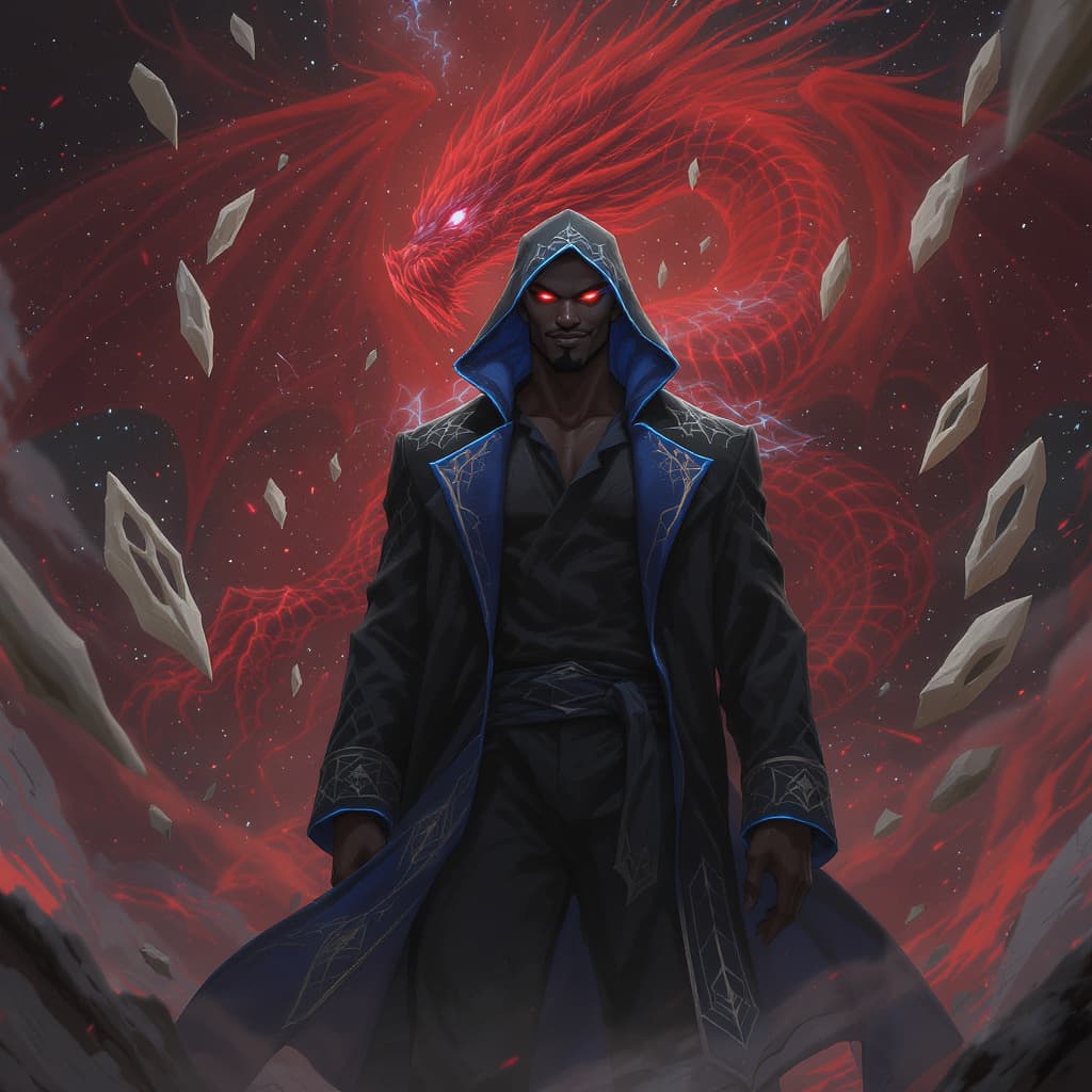 AI generated: An African American male, average height and build, standing calmly amid a fractured cosmic battlefi...