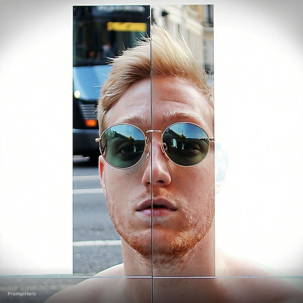 AI generated: Remove current background and set london street with spectacles on both faces