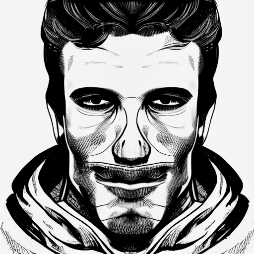 AI generated: young man with long face, with clean shaven short beard, with dark hair, without hat, without glasse...